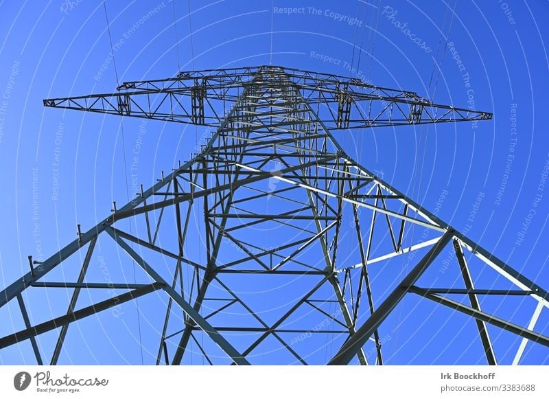 Power pole from below Electricity pylon Transmission lines Sky Energy industry Industry High voltage power line Steel Power failure Environment Renewable energy