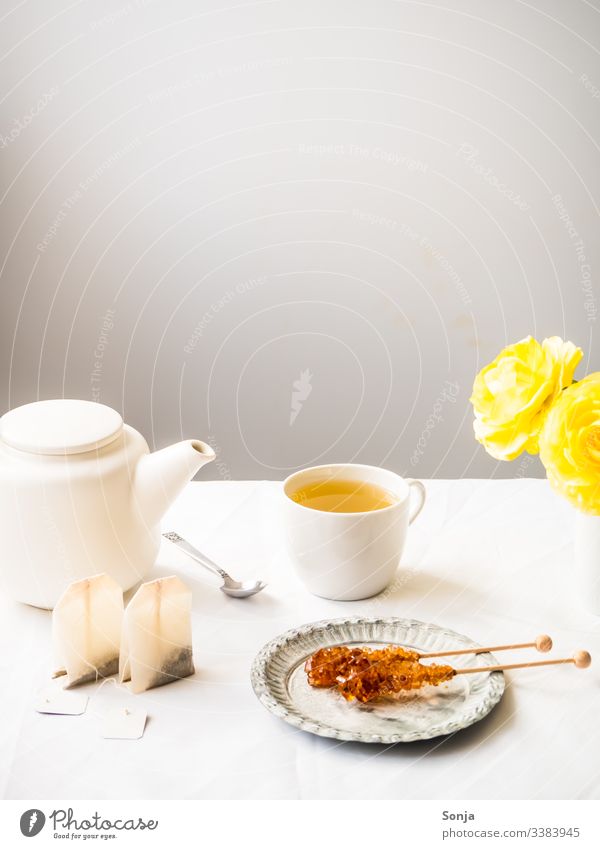 Teepause mit Kräutertee und Kandiszucker blume frühling kräutertee kandiszucker teepause teekanne wand weiß teebeutel löffel tasse heiß getränk süß tischtuch
