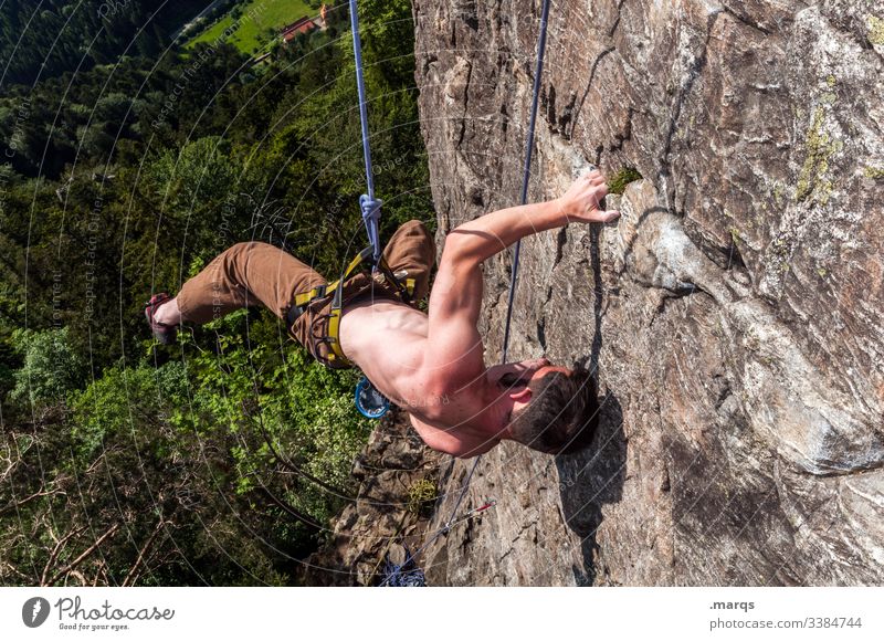 Risk appetite Climbing Man free torso Muscular Athletic Sports Wall of rock peril Safety Brave Force Mountaineering Adventure