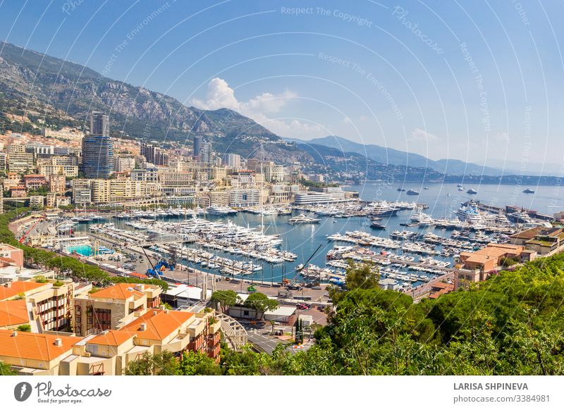 Panoramic view of Fontvieille and harbor with boats, luxury yachts in principality of Monaco, southern France monaco carlo monte palace f1 grand skyline formula