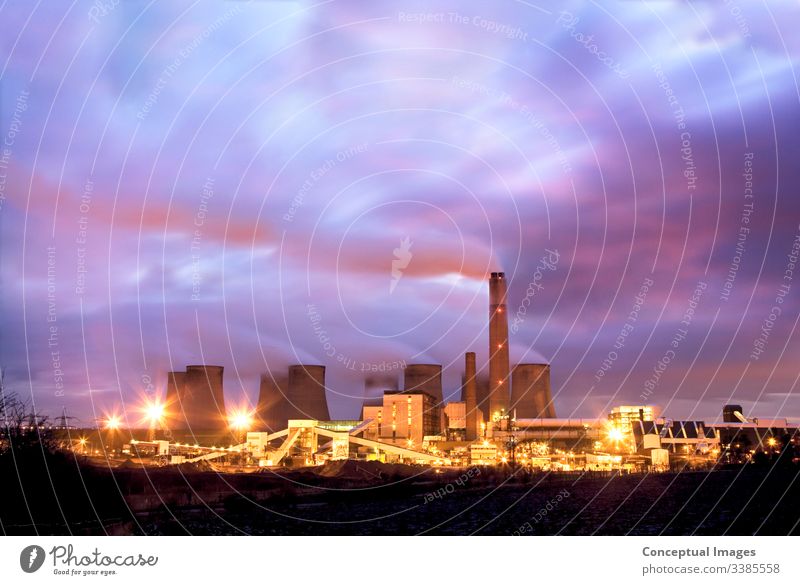 Coal fired power station at dusk Cooling tower Electricity Emitting Environment Environmental damage Fuel and power generation Iluminated Industry Pollution