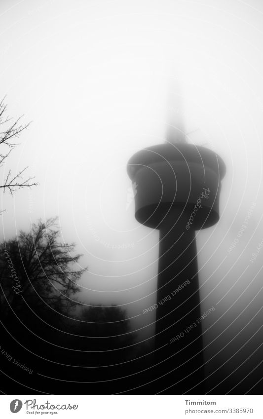 Television tower in winter fog broadcasting tower Winter Fog Black & white photo conceit somber huts Architecture chill Exterior shot Deserted tree Forest