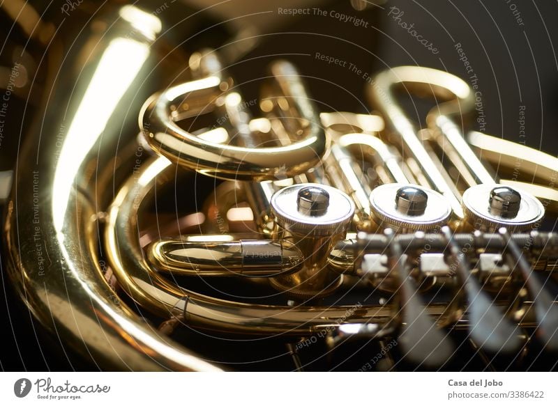 moody detail of french horn instrument music brass musical jazz metal classical band concert play orchestra musician background sound sax shiny wind golden