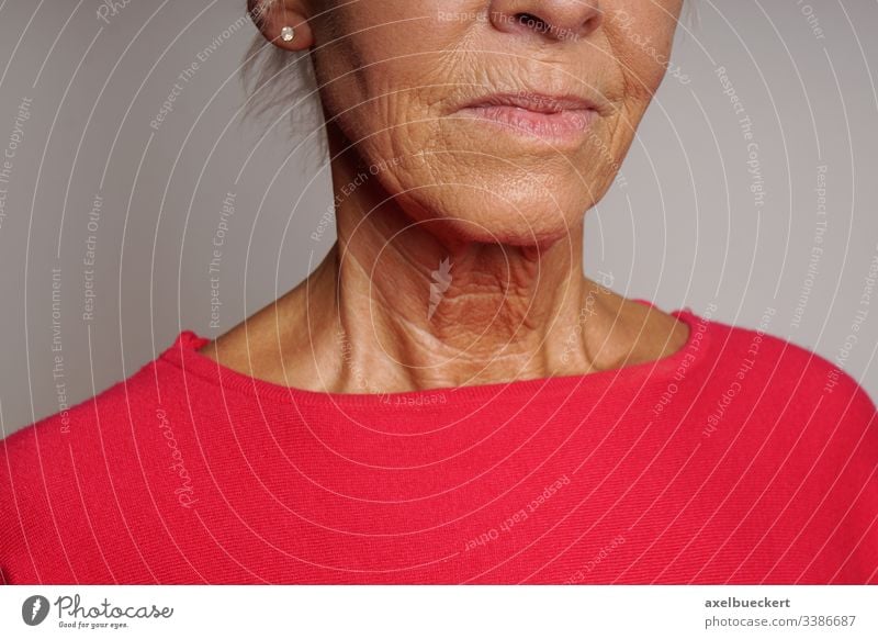 old woman's neck with wrinkles aging wrinkled skin face throat chin mouth mature age senior lady beauty dermatology adult older female people elderly person