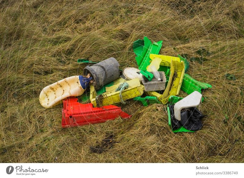flotsam plastic waste collected on grass near the coast Trash Grass Coast+ Washed up Floating debris polymeric Environment ecology Environmental protection