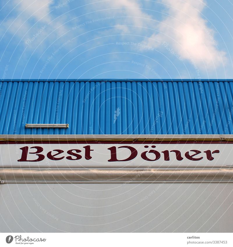 Best kebab ... makes more beautiful Advertising self-praised conviction Kebab sign Lettering trademarks Facade metal cladding Sky Blue Characters Typography