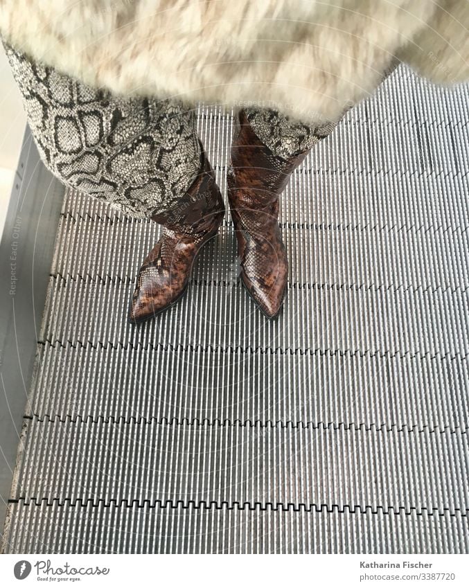 Boots pants snake look on escalator Pants Fashion Wavy grain Escalator fur jacket Leather Outfit stylish Stand Wait Brown Beige Silver White Footwear