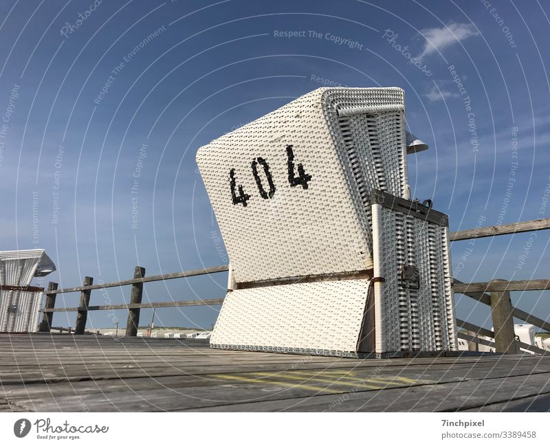 404 Beach chair White Blue Holidays& Vacation Summer Ocean travel North Sea Tourism website error 404 Deserted Copy Space left Copy Space top Exterior shot