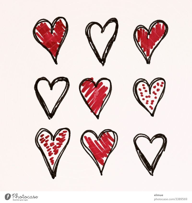 nine differently painted hearts Scribbles Draw Drawing symbolism Communication scribble Interpret Painting (action, artwork) Pictogram sketch Style stylized