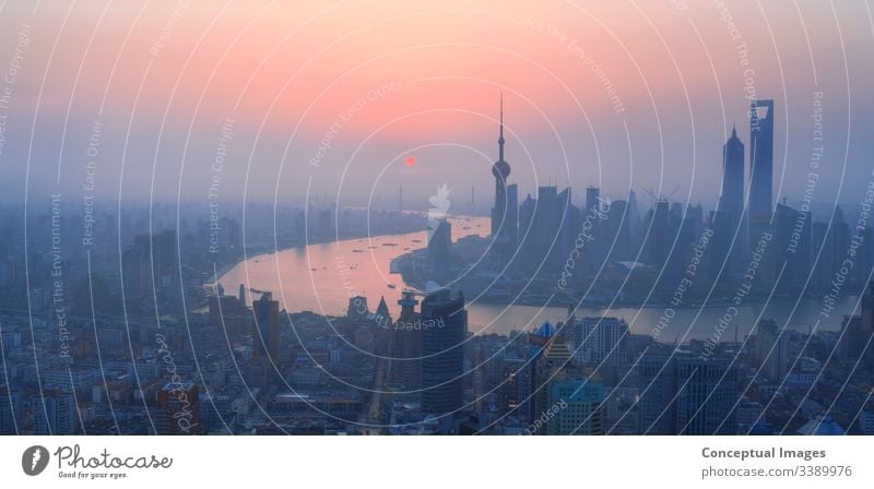 High view of Shanghai at dawn, China. Asia. shanghai skyline pudong bund china asia city tower business chinese river architecture scene huangpu cityscape