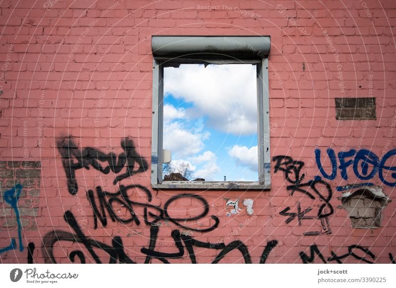 Clouds behind the window Window lost places Transience Ruin Change Broken Beautiful weather Facade Ripe for demolition Sky Derelict Gloomy Subdued colour