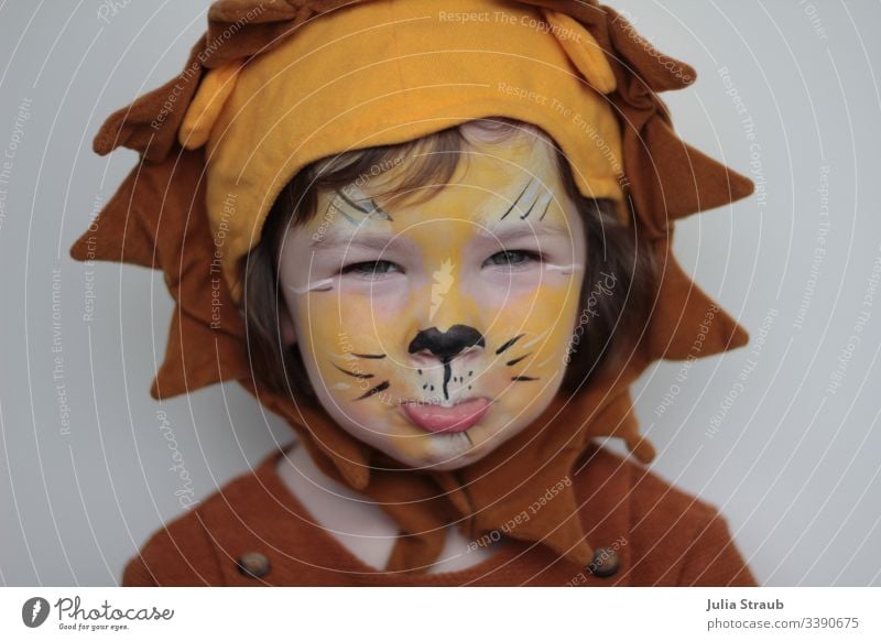 Child dressed and made up as a lion at carnival Girl Sweet Cute Headwear Buttons Apply make-up carnival season Carnival costume Carneval masque Lion's head