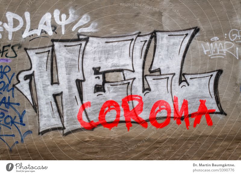 Corona graffitti in Berlin Graffitti corona virus infection writing wall hell defacement vandalism moist moisture color white red house wall