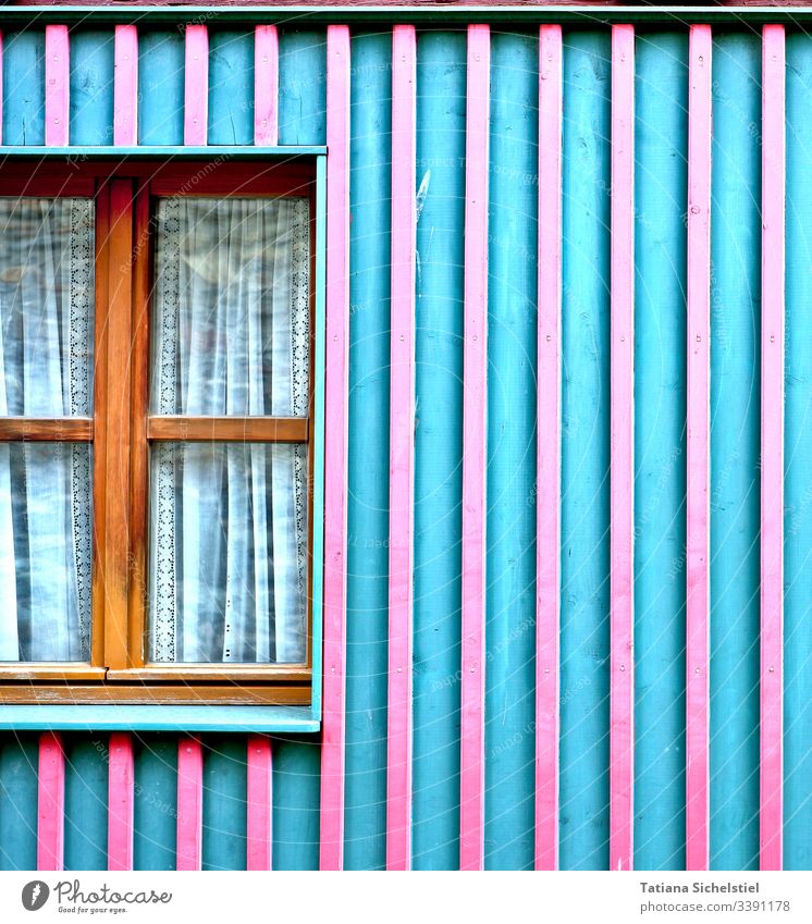 turquoise-pink house facade with wooden window Window House (Residential Structure) Facade Wooden wall Colour photo Wooden house Turquoise Stripe variegated