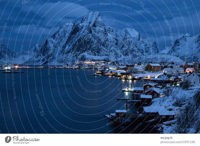 Snowy small town at the fjord in front of Bergen at the blue hour Blue vacation famous Tourist Attraction Small Town Water Night Evening Idyll Light