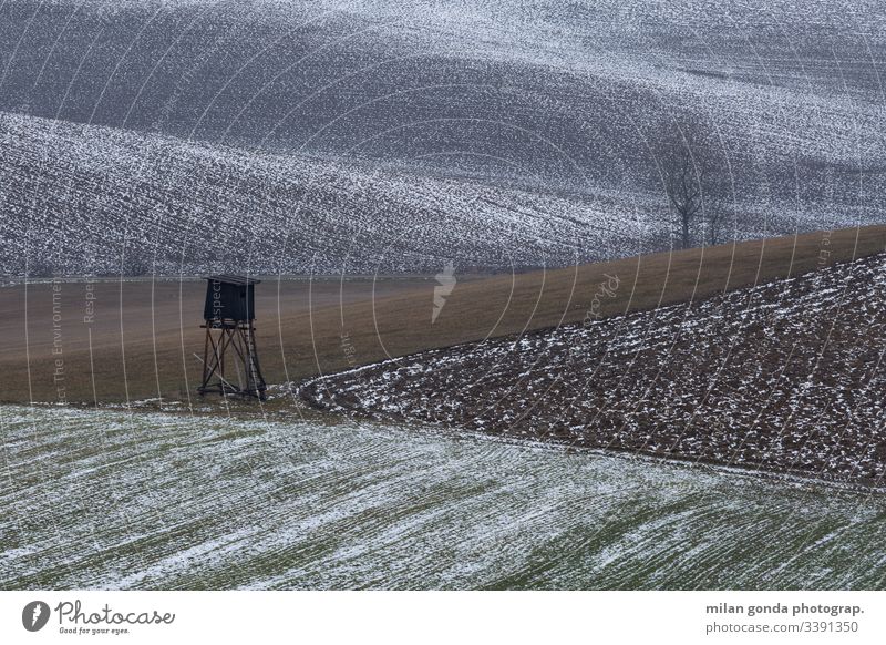 Rural landscape of Turiec region in northern Slovakia. countryside rural fields hunting lookout tree winter snow nature