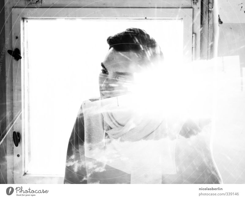 Young man double exposure with window and sun Body Leisure and hobbies Flat (apartment) Man Adults 1 Human being 18 - 30 years Youth (Young adults) Sun Sunlight
