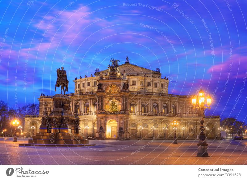 Semper opera house at dusk. Dresden, Germany. architecture attraction baroque beautiful bridge building cathedral church city cityscape cultural heritage