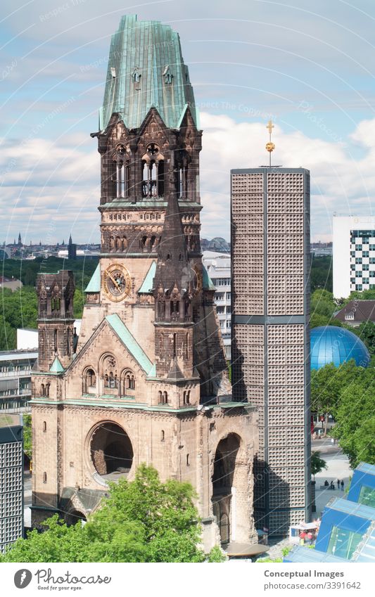 Elevated view Kaiser Wilhelm Memorial Church, Germany. architecture berlin building exterior capital cities christianity church contrasts german culture germany
