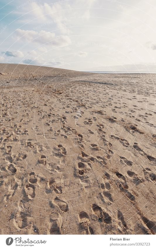 Footprinting on a sand dune Pedestrian Sand Beach Dune Horizon Sky Clouds people Imprint Footwear shoe leave sb./sth. To go for a walk Tracks Barefoot