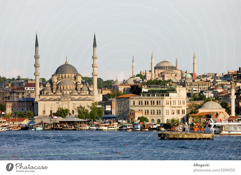 City skyline of Istanbul in Turkey, view from the Golden Horn to New Mosque in Eminonu district. istanbul city turkey cityscape mosque new mosque eminonu