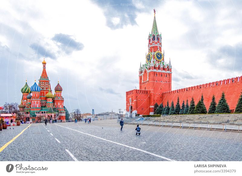 Moscow Kremlin with Spassky Tower and Saint Basil's Cathedral in center city on Red Square, Moscow, Russia moscow kremlin cathedral red vasily architecture
