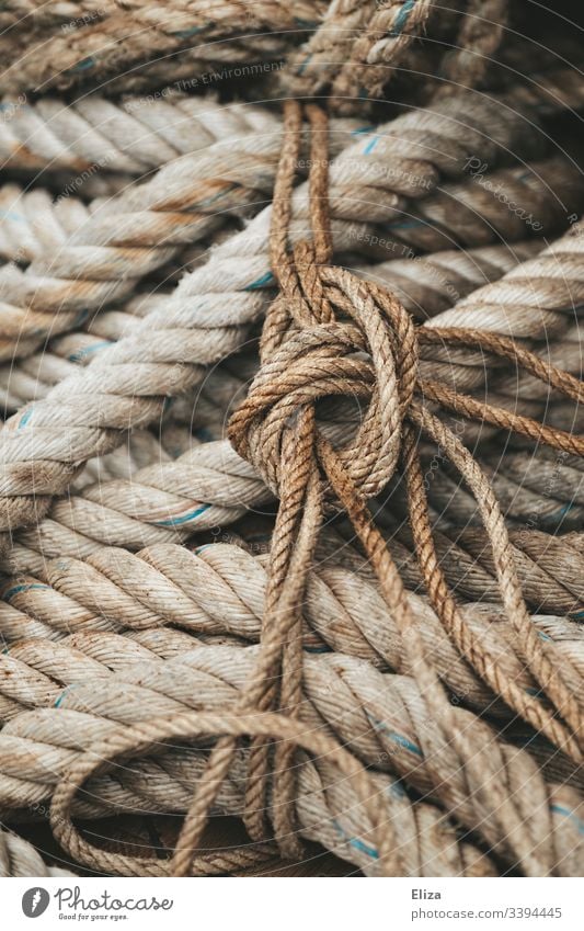 Close-up of thick, rough ropes and cords in beige and one knot. Concept  safety. - a Royalty Free Stock Photo from Photocase