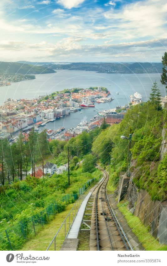 Amazing views of Bergen city from the top of Mount Fløyen in Norway. norway bergen funicular floyen mount railway mountain sky traveling ship landmark urban