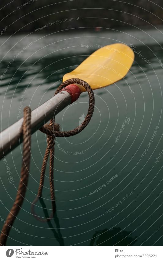 A yellow paddle, wrapped with a rope, floats over green water Paddle Kayak Ocean Sports Water Rowing Yellow Movement Exterior shot Vacation & Travel Aquatics