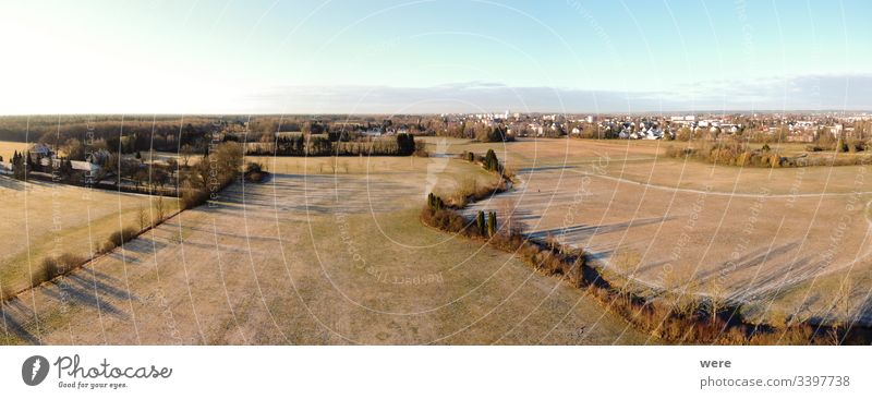 View from above frost-covered meadows Area flight Augsburg Brunnenbach aerial view bird's eye view cold copter copy space creek drone flight forest landscape