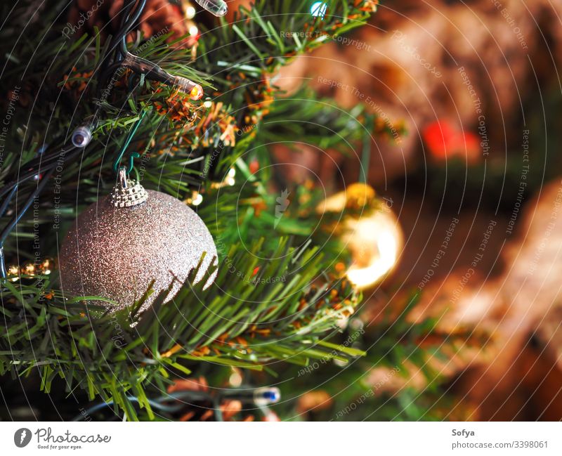 Christmas tree with silver ornament. Festive mood christmas new year christmas tree branch home moody elegant string sparkling style celebrate green decor