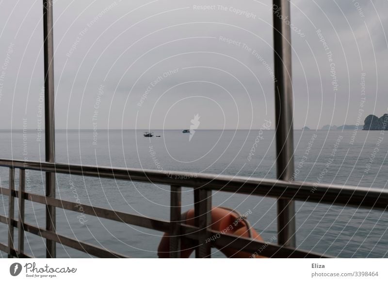 View over the railing of a ship with rescue tires onto the water Ocean Water Railing rescue tyre Blue Wood seafaring Trip Gray foggy Exterior shot Navigation