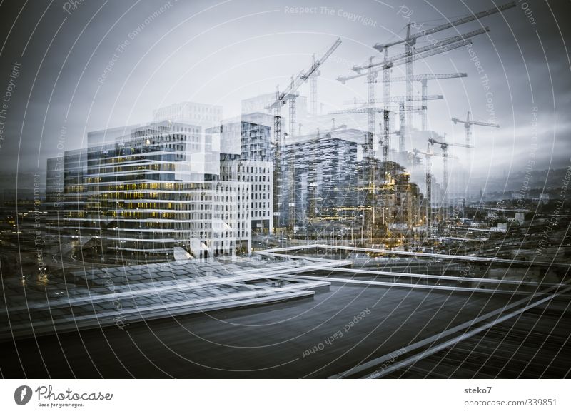 double layer Outskirts Bank building Town Gray Modern Construction site Double exposure Office building Subdued colour Exterior shot Experimental Deserted