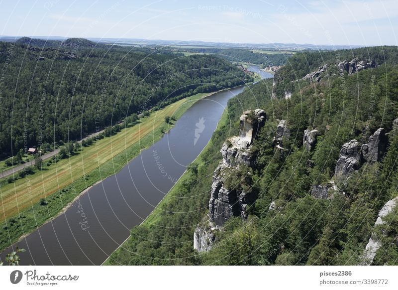 Beautiful view from the Bastei area to Stadt Wehlen in Saxon Switzerland germany europe river bastei elbe nature landscape beautiful forest mountain sandstone