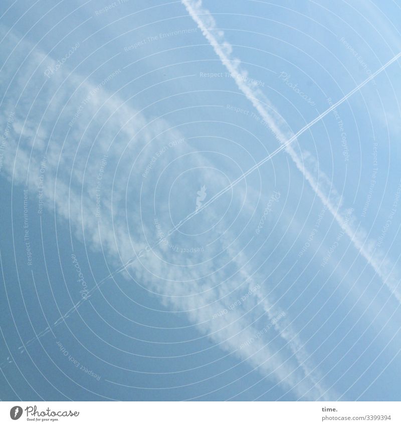 Ascensions | almost blown away by the wind Sky Blue Clouds Vapor trail air traffic Wind Blown away Drift Diagonal Line Stripe Tall Above Air Drawing