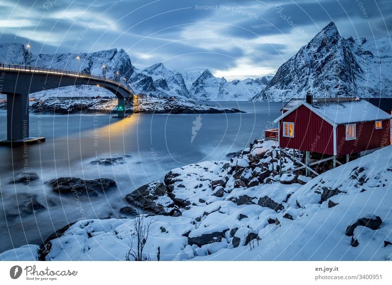 Hamnoy in the Lofoten Islands Blue vacation famous Tourist Attraction Water Night Evening blue hour Wide angle Idyll Light Fishing village Reinefjorden Fjord