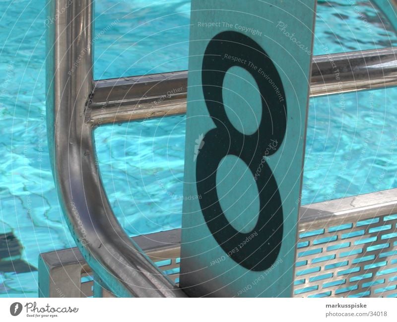 startblock no. 8 Swimming pool Open-air swimming pool Starting block (track and field) Reflection Digits and numbers Waves Sports Drops of water Water Sun Metal