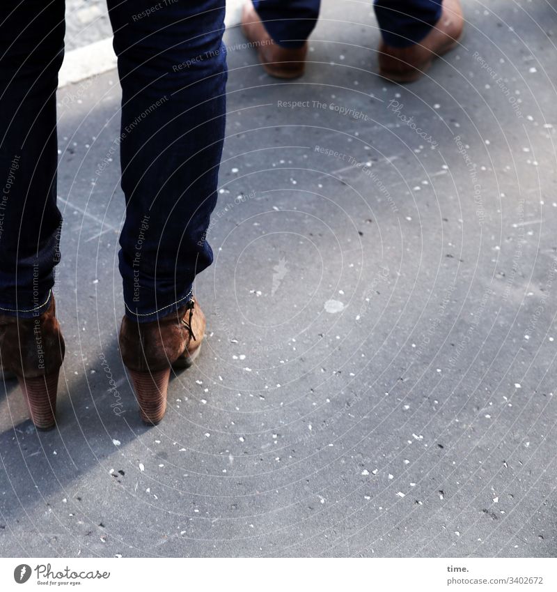 body distance, not social distancing | corona thoughts Street Legs feet Footwear jeans Asphalt Sidewalk Wait Stand Manchester two daylight detachment gap