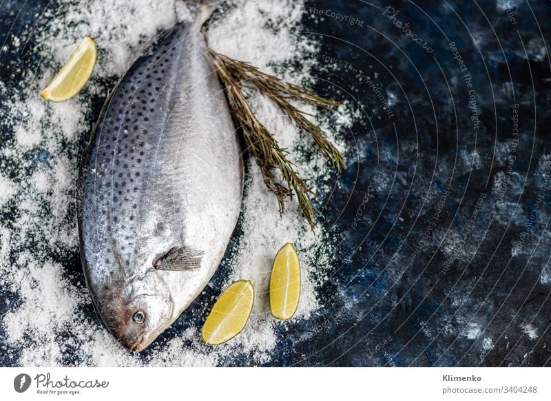 Sea tasty fresh fish on a dark background. Frozen product. Fish with aromatic herbs, spices and vegetables - the concept of a healthy diet, diet or cooking. sea