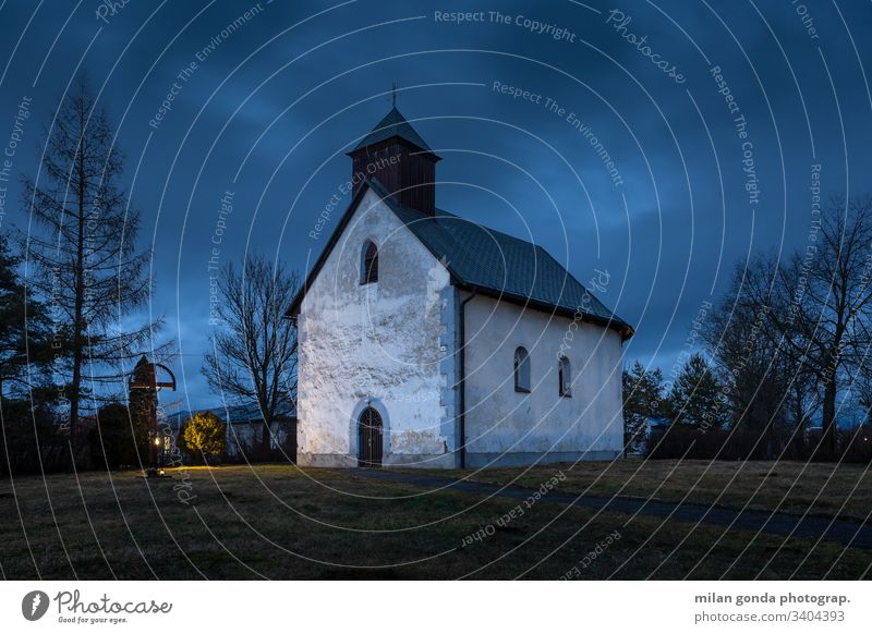 Gothic church in a village of Turiec region, Slovakia. Jazernica landscape countryside rural architecture historical heritage evening blue hour