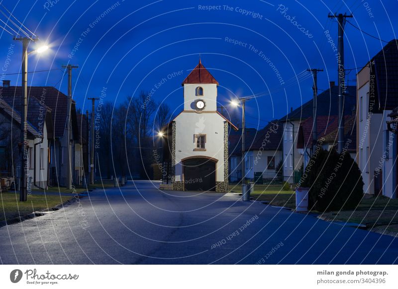 Tower in Borcova village of Turiec region, Slovakia. countryside rural architecture tower historical heritage evening blue hour street