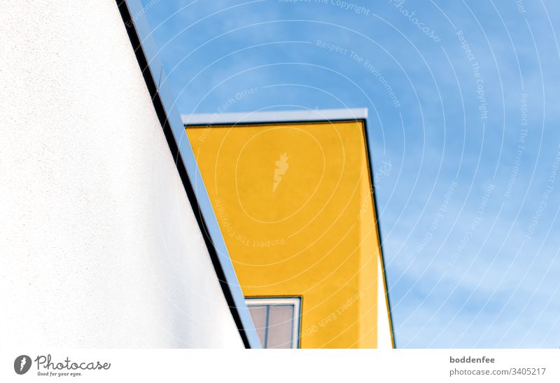 Building from the frog's eye view areas of colour Blue Yellow White Minimalistic Copy Space top Deserted Colour photo