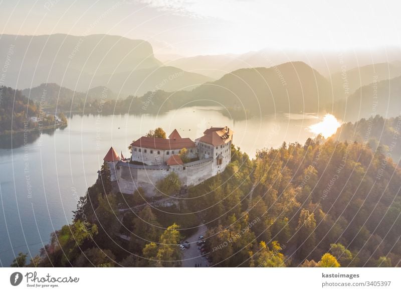 Medieval castle on Bled lake in Slovenia in autumn. bled slovenia landmark landscape europe travel alps nature slovenian hill mountain fortress island church