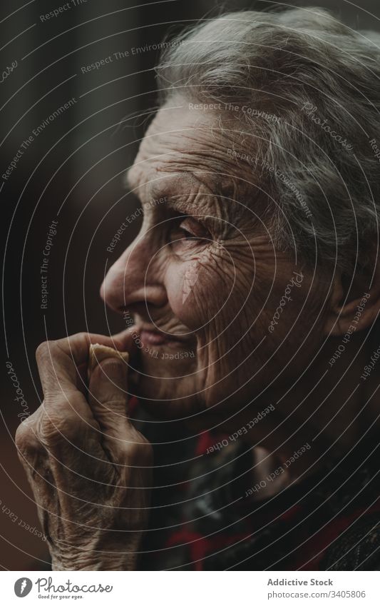 Pensive senior woman touching face and eating biscuit elderly wrinkle touch face remember memory pensive tranquil gray hair kind appearance female individuality