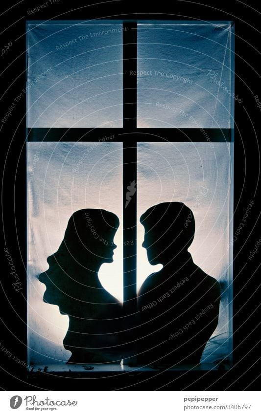 silhouette, young couple at the window Couple Lovers Window Happy Infatuation Relationship Affection Related Harmonious Trust Man Woman Shadow Human being