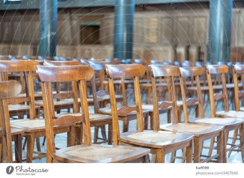 Wooden chairs in a church Chair minimalism Minimalistic Row of chairs Sanctuary Religion and faith Hope Christianity Belief Gothic period House of worship Dome