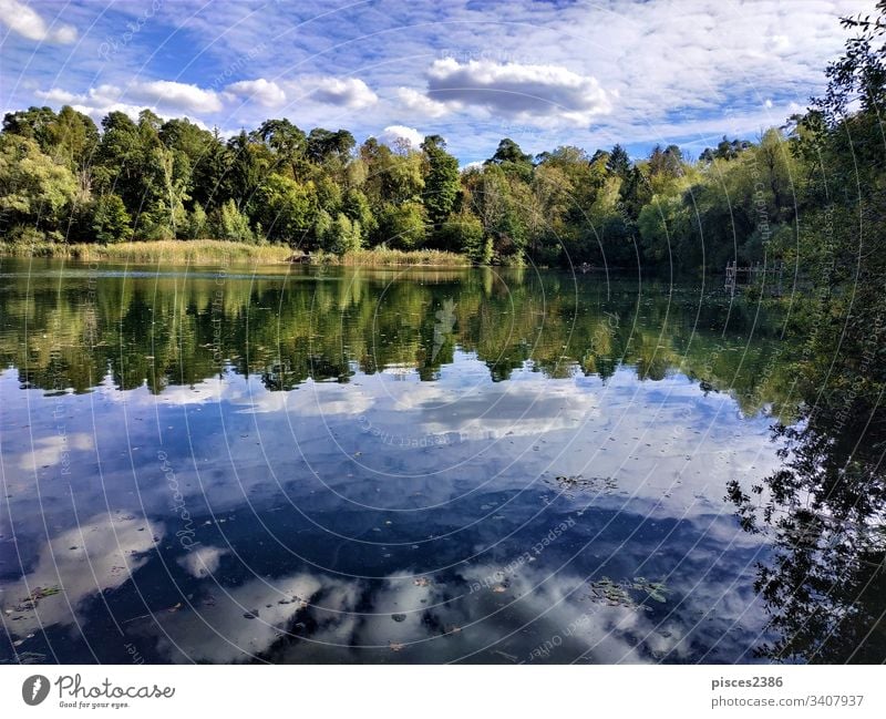 Beautiful and calm Waldsee lake in Walldorf forest sky landscape blue reflection water foliage scenery green park nature beautiful outdoor environment leaf