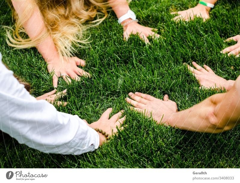hands of people next to each other on green grass bright close day field fingers group of people hair lawn limb meadow natural nature part of the body person