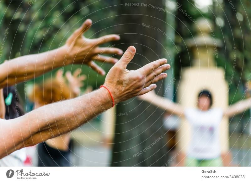 hands of people are raised up yoga in the park active colors day fingers health nature part of the body recreation silhouette silhouette of man sport summer