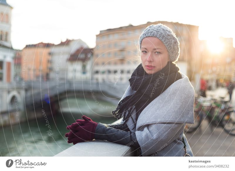Beautiful young woman in Ljubljana in winter Woman Cold Winter Winter's day Winter mood chill cold weather cold temperature Frost Freeze Climate Scarf Cap